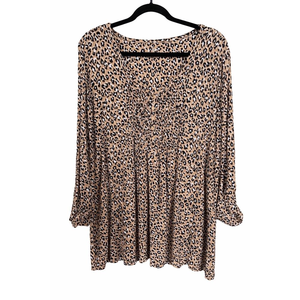 Kim Rogers 2X Leopard Print Tunic‎ Top Boho Soft Stretch Roll Tab Sleeve